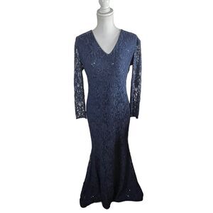 Bijan Andre Atelier Navy Blue Lace Mermaid Dress With Train